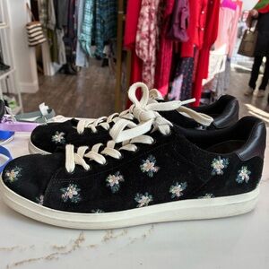 Tory Burch black suede floral stitched sneakers size 10